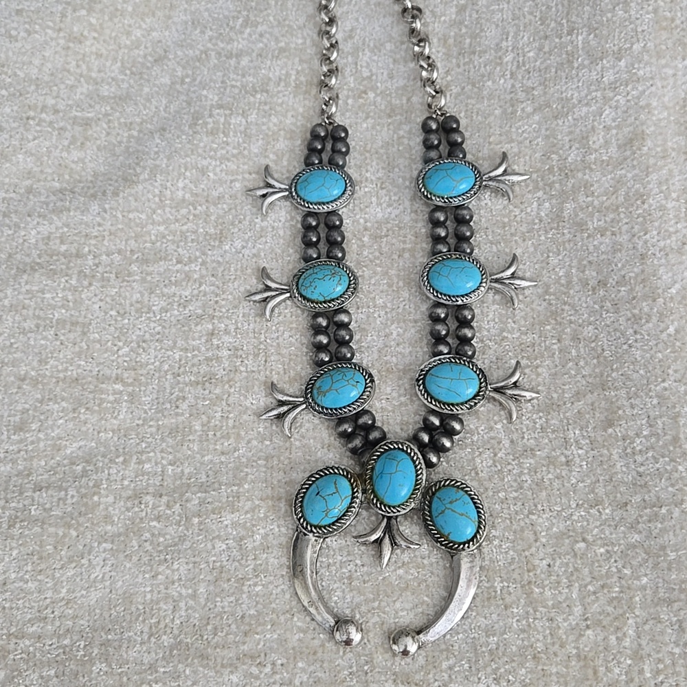 Turquoise and Silver Navajo-Inspired Squash Blossom Necklace
